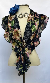 Conjunto de Xale Azul Floral, Brincos Cinza e Flor Azul