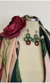 Burgundy. Beige & Green Scarf , Earrings & Flower for Hair Set