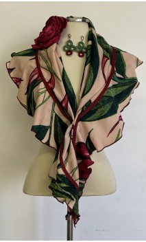 Burgundy. Beige & Green Scarf , Earrings & Flower for Hair Set