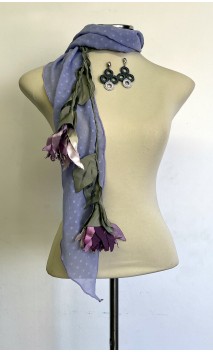Lilac Scarf , Earrings & Satin Tread w/Flowers Set