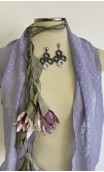 Lilac Scarf , Earrings & Satin Tread w/Flowers Set