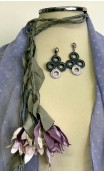 Lilac Scarf , Earrings & Satin Tread w/Flowers Set