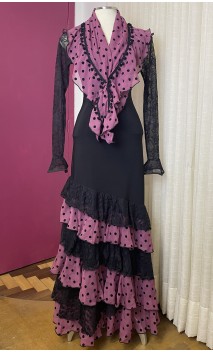 Falda Flamenca Negra c/Color de Uva 6 Volantes con Pañuelo