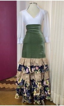 Green Velvet Flamenco Skirt w/Printed & Lace Ruffles