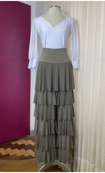Khaki Color Straight Pants w/Tulle Ruffles