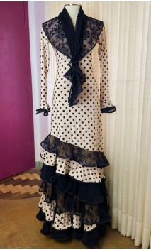 Beige w/Polka-dots Flamenco Dress 6 Ruffles w/Scarf
