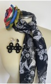 Black Floral Scarf , Earrings & Flower for Hair Set