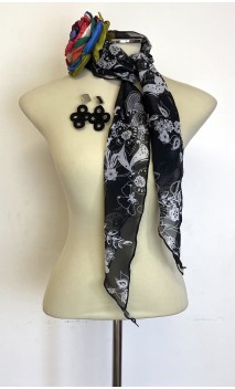Black Floral Scarf , Earrings & Flower for Hair Set