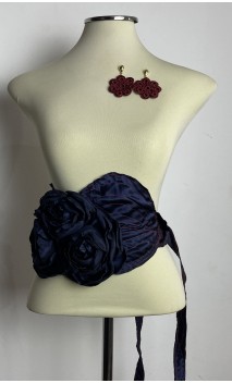 Earrings & 3 Flowers Burgundy & Dark Blue Belt Set