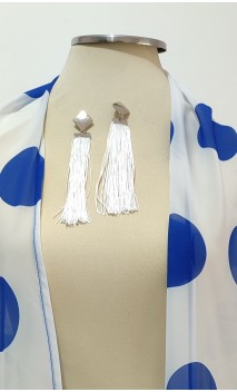 White & Blue Scarf w/fringe & Earrings Set