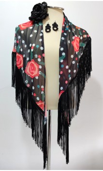 Black Floral Scarf w/Fringe , Earrings & Flower for Hair Set