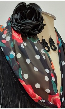 Conjunto Pañuelo Negro Floral c/Flecos, Pendientes y Flor para el Pelo