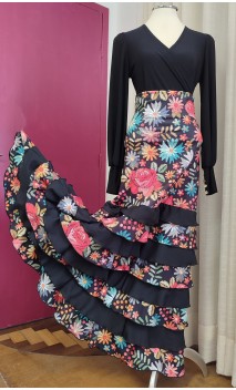 Black Flamenco Skirt w/ 8 Floral Ruffles