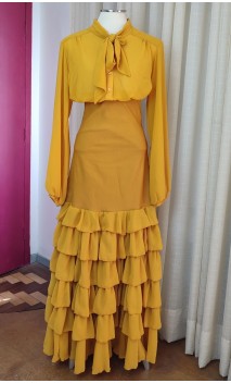 Conjunto Flamenco Saia e Camisa Mostarda 6 Babados