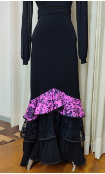 Saia Flamenca Preta e Pink c/ 3 Babados