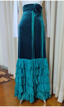 Falda Flamenca de Terciopelo Verde c/Flor de Satén