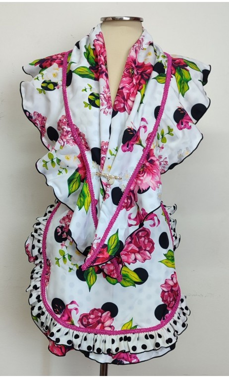 Conjunto Avental e Xale Branco Floral e Broche