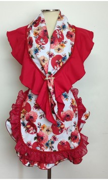 White & Red Floral Apron & Scarf Set & Brooch