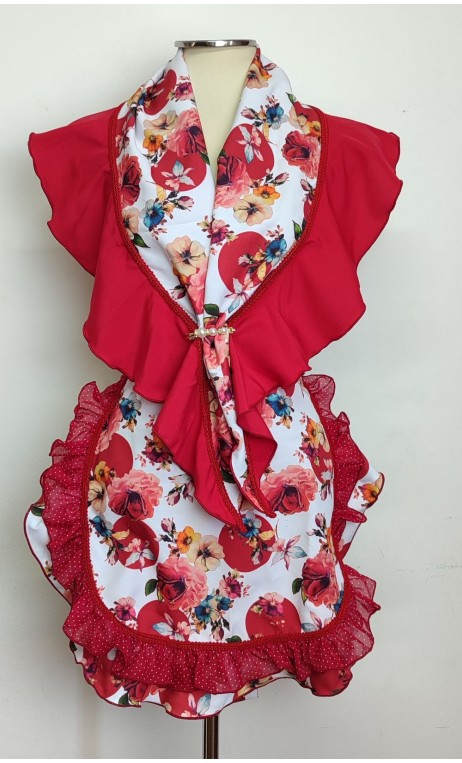 Conjunto Avental e Xale Branco e Vermelho Floral e Broche