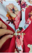 White & Red Floral Apron & Scarf Set & Brooch