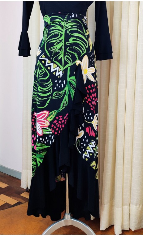 Black Floral Flamenco Skirt w/Ruffle