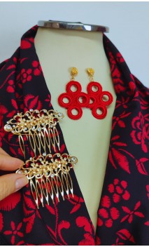 Conjunto Pañuelo Estampado Rojo, Pendientes y Pentencillos