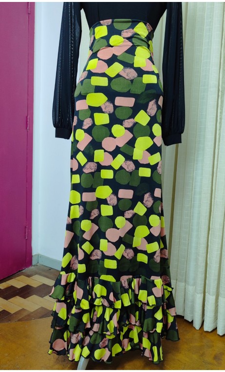 Saia Flamenca Preta Estampada c/Babados