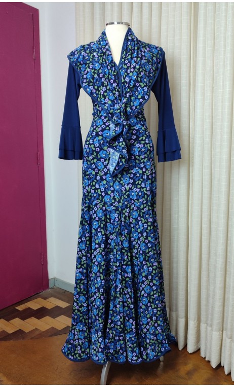 Navy Blue Floral Print Skirt and Scarf Set