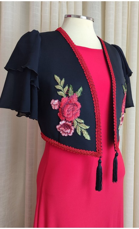 Black Vest with Embroidery & Flare Sleeves
