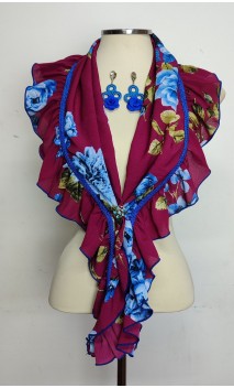 Burgundy With Blue Printed Scarf, Crochet Earrings Set & Brooch