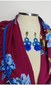 Burgundy With Blue Printed Scarf, Crochet Earrings Set & Brooch