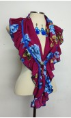 Burgundy With Blue Printed Scarf, Crochet Earrings Set & Brooch