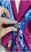 Burgundy With Blue Printed Scarf, Crochet Earrings Set & Brooch
