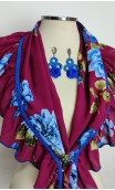 Burgundy With Blue Printed Scarf, Crochet Earrings Set & Brooch