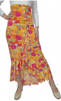Saia Flamenco Amarela Floral c/Babado