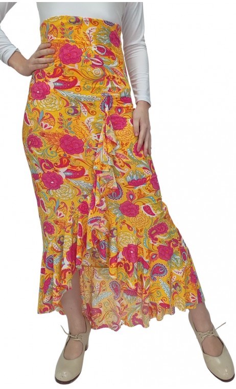 Saia Flamenco Amarela Floral c/Babado