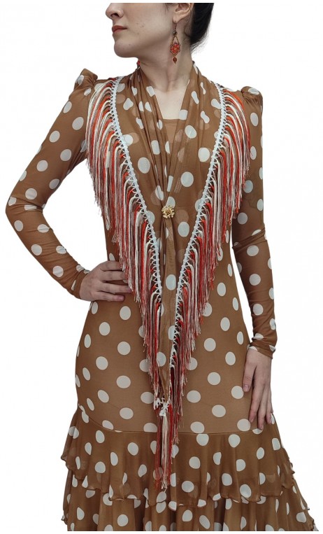 Beige w/White Polka-dots Flamenco Shawl w/Fringe
