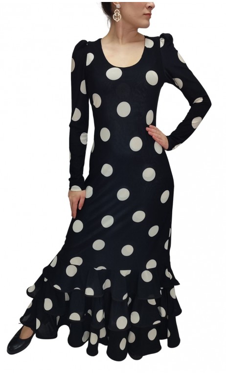 Vestido Flamenco de Lunares Negro y Blanco 3 Volantes