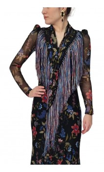 Xale Flamenco Floral Azul c/Franja