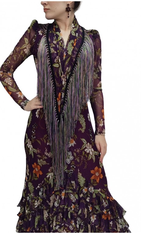 Xale Flamenco Floral Roxo c/Franja