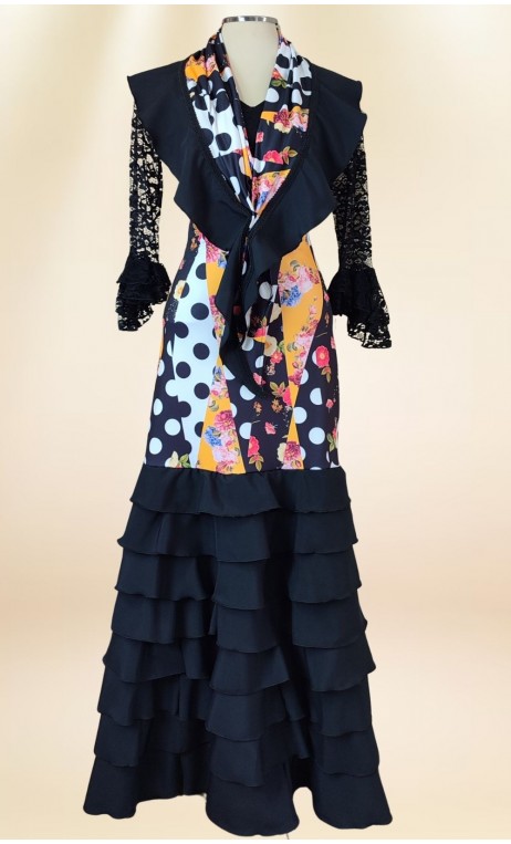 Saia Flamenca Estampada c/Babados Pretos e Xale