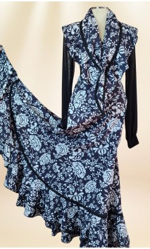 Saia Flamenca Transpassada Preta c/Floral Branco