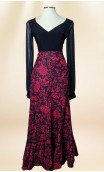 Saia Flamenca Transpassada Preta c/Floral Vermelho