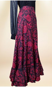 Falda Flamenca Cruzada Rojo Floral y Negro