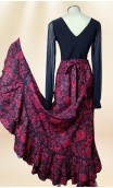 Saia Flamenca Transpassada Preta c/Floral Vermelho