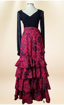 Falda Flamenca Cruzada Negro Floral y Rojo