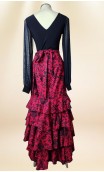 Falda Flamenca Cruzada Negro Floral y Rojo