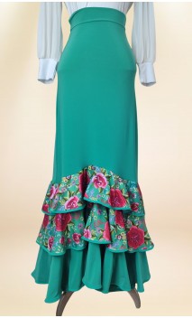 Green Collin Flamenco Long-Skirt w/ Floral Ruffles