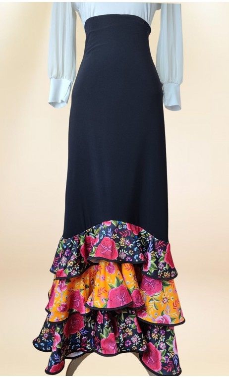 Black Collin Flamenco Long-Skirt w/ Floral Ruffles