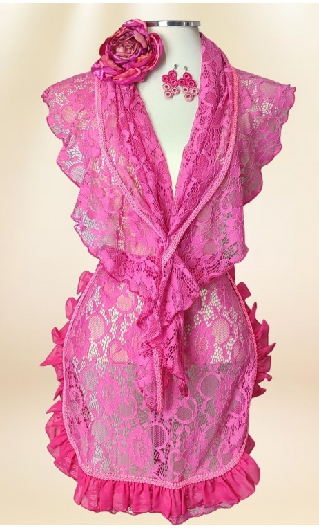 Conjunto Lenço e Avental de Renda Rosa, Brincos de Crochet e Flor